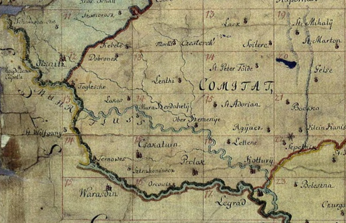 Izvirno ime za Medmurje je Medmorje oziroma Medžimorje. Ime dežele namreč sprva ni bilo povezano z besedo Mura, ampak z besedo morje. Ozemlje med Muro in Dravo se je namreč štelo kot nekakšen otok med tema dvema rekama/morjema. Na fotografiji: zemljevid ogrskih grofij. Ozemlje Medmurja z mestom Čakovec (Csakaturn) tako kot del Prekmurja spada v okvir Zalske grofije. | Foto: commons.wikimedia.org
