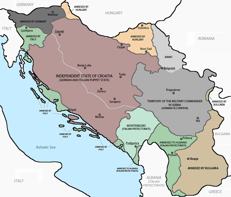 Razkosanje Jugoslavije leta 1941 Aprila 1941 je Hitlerjeva Nemčija s svojimi zavezniki razkosala Jugoslavijo. Slovensko ozemlje so si razdelile Nemčija, Italija, Madžarska in NDH. Noben okupirani del Slovenije ni bil poimenovan s slovenskim imenom (za razliko od območja Hrvaške, Srbije in Črne gore, kjer so bile politične enote poimenovane po narodih), ker so hoteli okupatorji izvesti proces raznarodovanja Slovencev.  | Foto: Wikimedia Commons