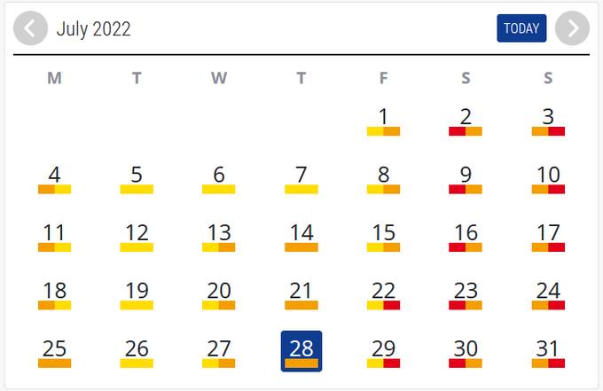 Na Prometnem koledarju spletne strani Promet.si je tako za danes dopoldan kot popoldan predvidena velika gostota prometa, za v petek popoldan, soboto dopoldan in nedeljo popoldan pa napovedujejo zelo visoko gostoto prometa. | Foto: promet.si