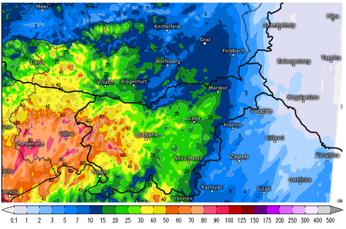 Toliko padavin naj bi padlo v sredo in četrtek. Težišče padavin bo v zahodni polovici države. | Foto: meteologix