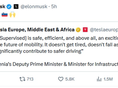 Musk navdušen nad odločitvijo Slovenije, ki je odobrila Teslino avtonomno vožnjo
