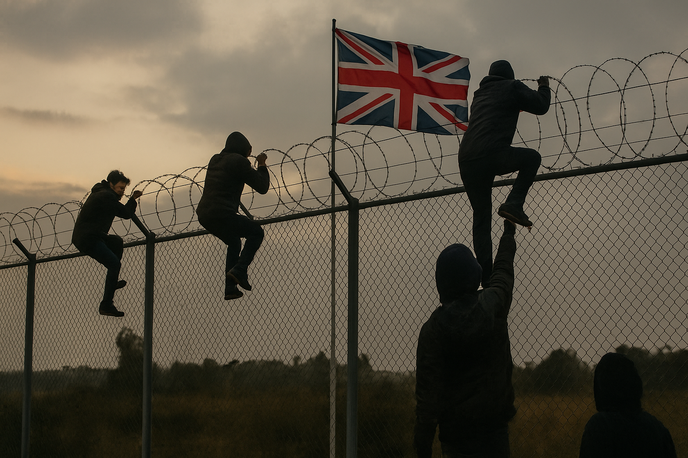meja migranti velika britanija združeno kraljestvo | V skladu z novimi načrti bodo morali ljudje živeti v Združenem kraljestvu deset let, preden bodo lahko zaprosili za britansko državljanstvo, kar je več kot sedanjih pet let. | Foto Fotografija je bila ustvarjena s pomočjo umetne inteligence