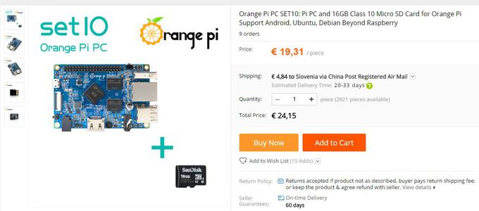 Eden od kompletov z računalnikom Orange Pi na spletni strani AliExpress. Ceni 19-in-še-nekaj evrov je treba prišteti poštnino, ki za potovanje paketa v Slovenijo znaša okrog 5 evrov. | Foto: 