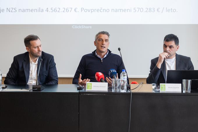 O novostih so spregovorili (od leve proti desni) generalni sekretar NZS Martin Koželj, direktor reprezentanc Milenko Ačimović in Marko Čepelnik, vodja področja klubskega nogometa. | Foto: Bor Slana/STA