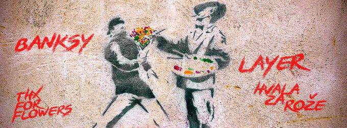 Kranjsko razstavo Baksyjevih del z naslovom Banksy, thank you for the flowers bo spremljali tudi pester program, ki bo osvetljeval in vpletal domačo sceno ulične umetnostni ter grafitarstva. Manjkali ne bodo niti tuji gostje. (foto: Arhiv Layerjeva hiša) | Foto: 