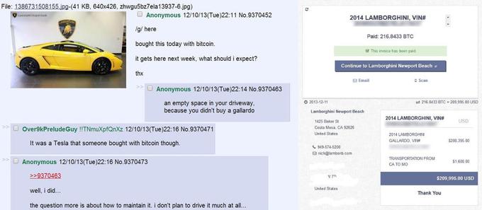 Uporabniku foruma 4chan drugi uporabniki sprva niso verjeli glede nakupa lamborghinija z bitcoini, nato pa je postregel z dokazili. | Foto: Matic Tomšič / Posnetek zaslona