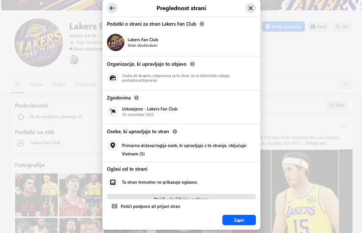 Facebookovo orodje za preglednost razkriva, da domnevni klub oboževalcev LA Lakers upravljajo osebe iz Vietnama.  | Foto: Posnetek  zaslona