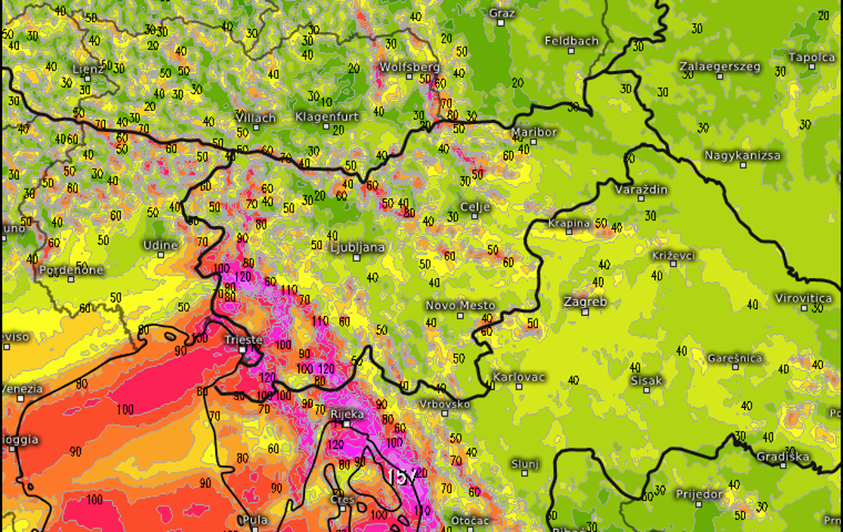 Veter sunki | Karta prikazuje najmočnejše sunke burje v nedeljo in ponedeljek. Najmočnejši sunki bodo presegali hitrost sto kilometrov na uro, opozarja agencija za okolje. | Foto meteologix