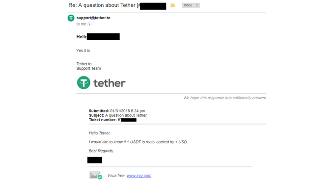 Ni jasno, ali gre za šalo ali ne, a neki uporabnik spletnega foruma Reddit, kjer so kriptovalute ena od najbolj vročih tem, je pred dnevi podjetju Tether Limited poslal sporočilo, ali ima kriptožeton tether res kritje v ameriških dolarjih. Nazaj je dobil sporočilo s preprostim odgovorom: "Da".  | Foto: Reddit.com