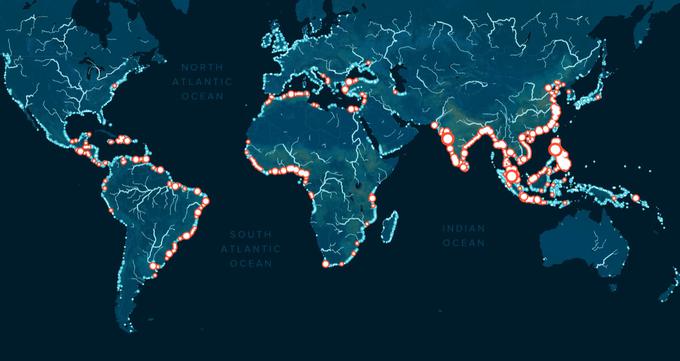 Zemljevid rek, ki s plastiko najbolj onesnažujejo svetovne oceane. Prototipni prestrezniki trenutno že delujejo na izbranih lokacijah v jugovzhodni Aziji, kjer je problematika onesnaževanja oceanov s plastiko najverjetneje najhujša na svetu. | Foto: The Ocean Cleanup / Posnetek zaslona | Foto: 