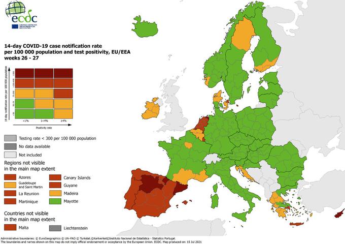 Zemljevid ECDC 15. julij | Foto: ecdc.europa.eu