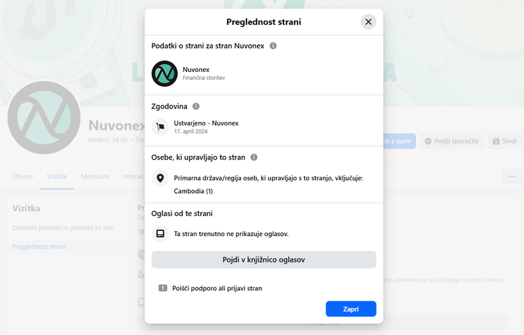 S stranjo Nuvonexa na Facebooku, ki pod objavami ne dovoljuje komentarjev, upravlja nekdo v Kambodži. | Foto: Posnetek  zaslona