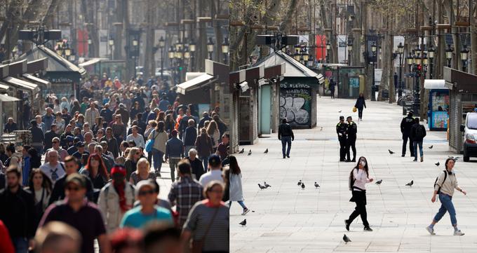 Znamenita la Rambla v Barceloni pred izbruhom koronavirusa in po njem. | Foto: Reuters