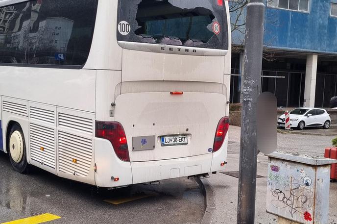 avtobus Nomago | Ko je voznik vzvratno zapeljal nazaj proti postajališču, je zadel v drog javne razsvetljave, za nesrečo pa je okrivil potnike. | Foto bralka