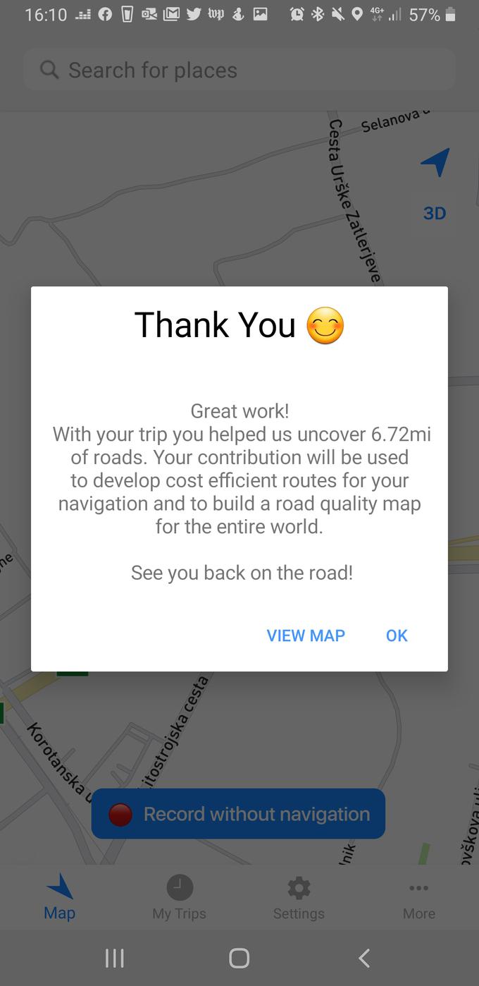 Ob koncu snemanja vožnje se vam aplikacija zahvali za dodano razdaljo. | Foto: Carbin/zajem zaslona