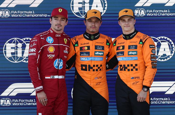Najhitrejši trije na kvalifikacijah: drugi Charles Leclerc, prvi Lando Norris in tretji Oscar Piastri | Foto: Reuters