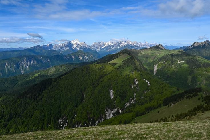 Pogled z Golice na naslednje vrhove Karavank in naprej na Julijske Alpe s Triglavom. | Foto: Matej Podgoršek