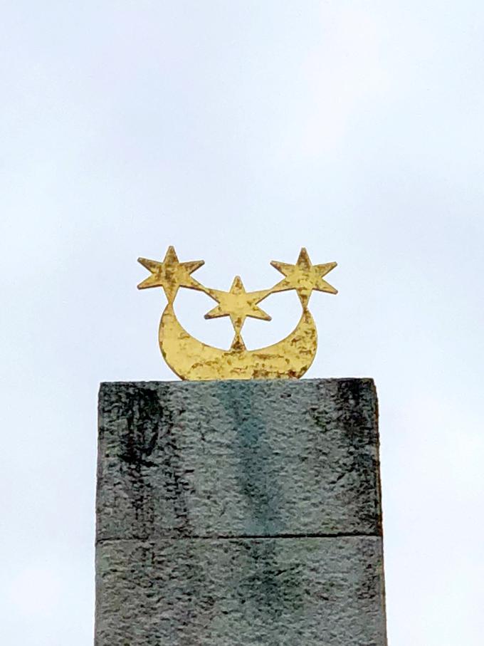 Vrh Plečnikovega Ilirskega stebra z motivom takratnega slovenskega dela državnega grba.
Foto: Aleksander Hribovšek, 2018. | Foto: 