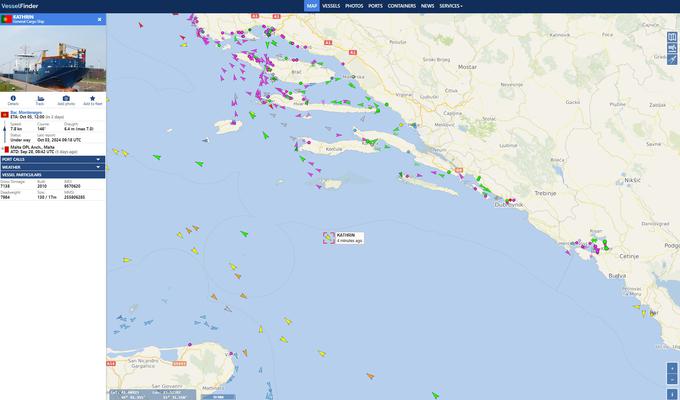 Pozicija ladje Kathrin v južnem Jadranu | Foto: Posnetek zaslona Vessel Finder