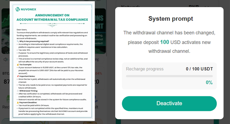 Oznanila sprememb, ki so ju dobili člani Nuvonexa in ki preprečujeta dostop do izplačil. To se je najverjetneje zgodilo tako, ker je pritok novih članov in s tem svežega kapitala usahnil, kar se neizogibno zgodi v vsaki piramidni shemi. | Foto: Posnetek  zaslona