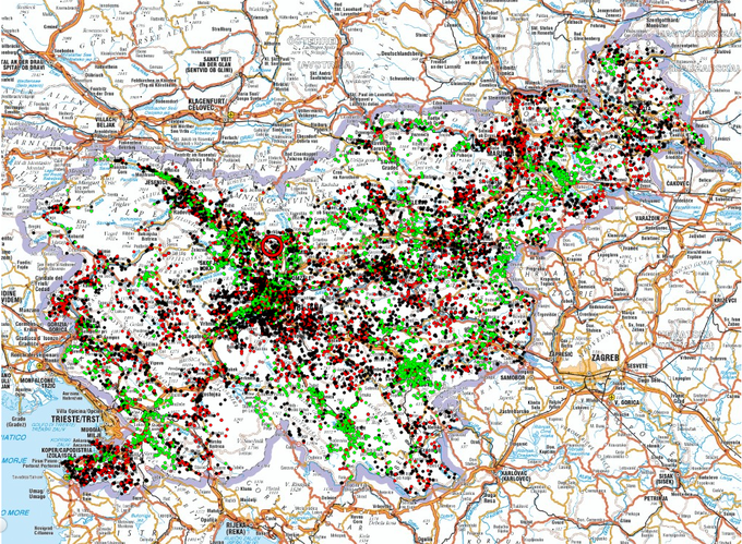 Spletni zemljevid divjih odlagališč v Sloveniji. S črno so označena divja odlagališča, z rdečo divja odlagališča z nevarnimi odpadki, z zeleno pa očiščena divja odlagališča.   | Foto: Zajem zaslona www.register.ocistimo.si