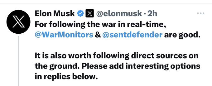 Izbrisani tvit Elona Muska, v katerem je svojim sledilcem priporočal profila OSINTdefender in War Monitor. | Foto: Twitter