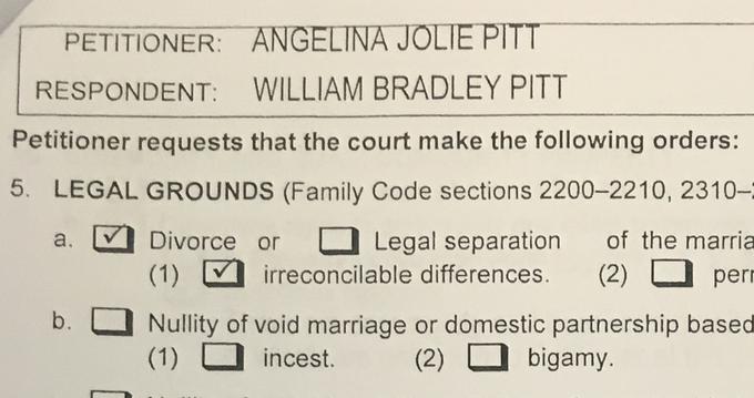 Kopija ločitvenih dokumentov, ki jih je Angelina vložila na sodišču v Los Angelesu. Razvidno je, da je kot razlog navedla nepremostljive razlike. | Foto: Reuters