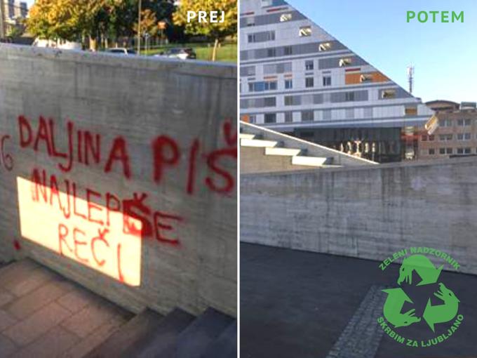 "Na pobudo člana društva so bili ponovno očiščeni grafiti, ki so kazili videz vhoda v podhod pod Železniško postajo Ljubljana. Na enakem mestu so bili grafiti odstranjeni že pred enim letom." | Foto: Društvo Zelenih nadzornikov