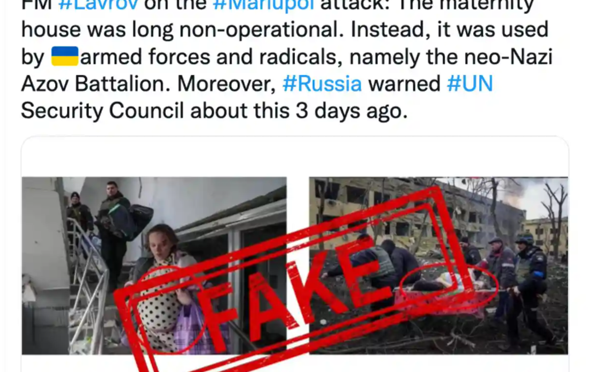 Twitter rusija | Sporni tvit ruske ambasade v Veliki Britanji o "resnici" o bombardiranju otroške bolnišnice v Mariupolu.  | Foto Twitter/Zajem zaslona