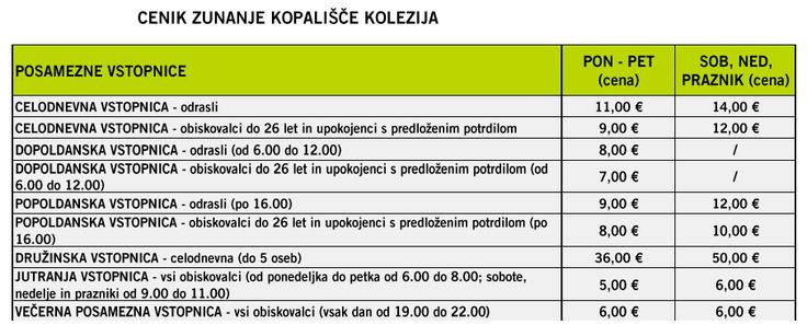 ceniki kopališča | Foto: Šport Ljublajna
