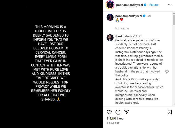 Objava na Instagramu, v kateri je bila razkrita "smrt" Poonam Pandey. Ob njej je komentar, katerega avtor se sprašuje, ali gre resnično za smrt ali pa morda za neetičen in neodgovoren način ozaveščanja o raku materničnega vratu, ki je za marsikoga boleča tema. | Foto: Instagram / Poonam Pandey