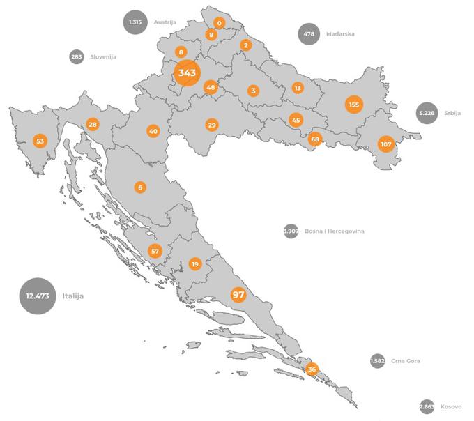 Grafika prikazuje število aktivnih primerov po različnih županijah. | Foto: Zajem zaslona (Koronavirus.hr)