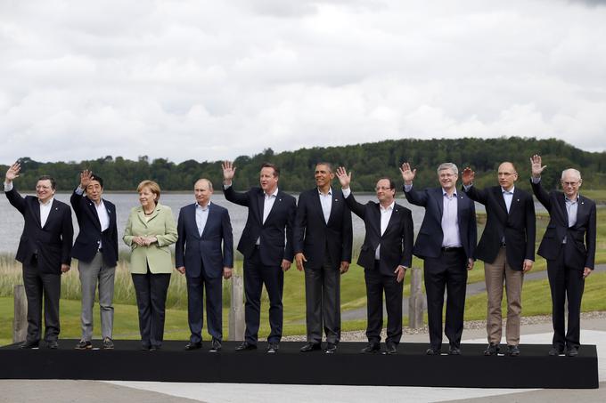 Med letoma 1998 in 2013 je bila članica skupine najrazvitejših držav tudi Rusija, zaradi česar je G7 postal G8. Na fotografiji vrh G8 v Veliki Britaniji leta 2013, na katerem je bila ena glavnih tem tudi vojna v Siriji. Že naslednje leto Rusije ni bilo več v skupini, in sicer zaradi njene enostranske priključitve Krima. | Foto: Guliverimage/Vladimir Fedorenko