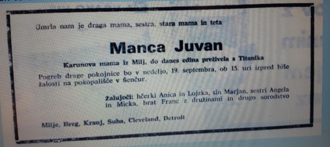 Manca Karun Juvan, zadnja Slovenka, ki je preživela potop Titanika, je umrla leta 1971. Stara je bila 64 let. Vir: Gorenjski glas. | Foto: 