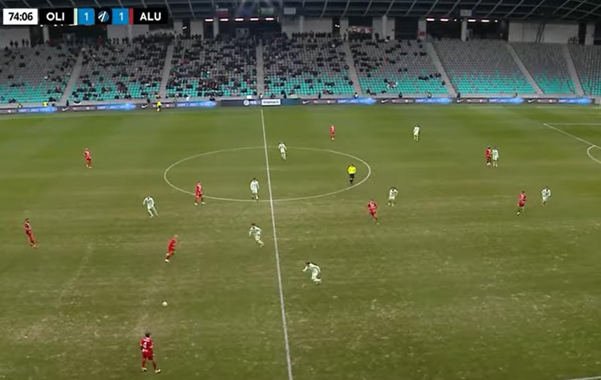 Olimpija Aluminij Stožice THUMB | Prizor s petkovega srečanja med Olimpijo in Aluminijem. Takšna je podoba igralne površine le tri mesece po temeljiti prenovi. | Foto zajem zaslona