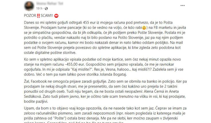 Slovenska uporabnica Facebooka je pred časom opisala, kako je podlegla lažni ponudbi za nakup izdelka na platformi Facebook Marketplace oziroma na Facebookovi tržnici. Goljufi se takrat niso izdajali za GLS, temveč za Pošto Slovenije. | Foto: Nepridiprav/Instagram