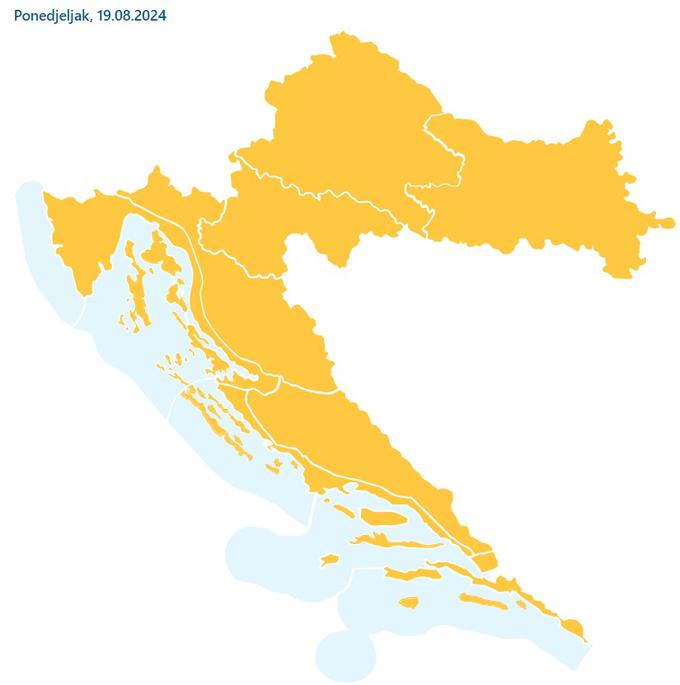 Hrvaški državni meteorologi so za nedeljo za vse obmorske regije izdali oranžno opozorilo zaradi možnosti močnih neviht. Za ponedeljek so v oranžno obarvali celotno državo. | Foto: DHMZ