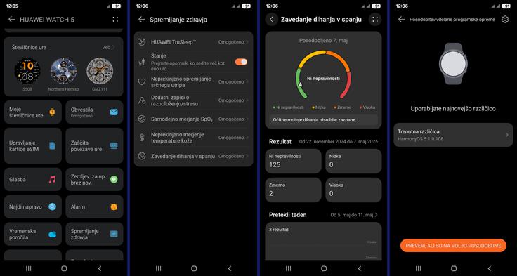 Pregledovanje zdravstvenih meritev in sistemske funkcije pametne ure Huawei Watch 5 potekajo (tudi) prek aplikacije Huawei Zdravje/Huawei Health na povezanem pametnem telefonu – v tem primeru s pametnim telefonom drugega proizvajalca z operacijskim sistemom Android. | Foto: Srdjan Cvjetović