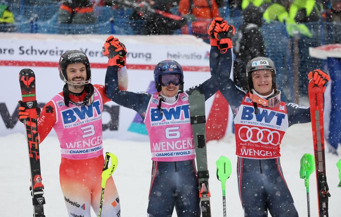 Najboljši trije na petem slalomu sezone, na klasiki v Wengnu | Foto: Reuters