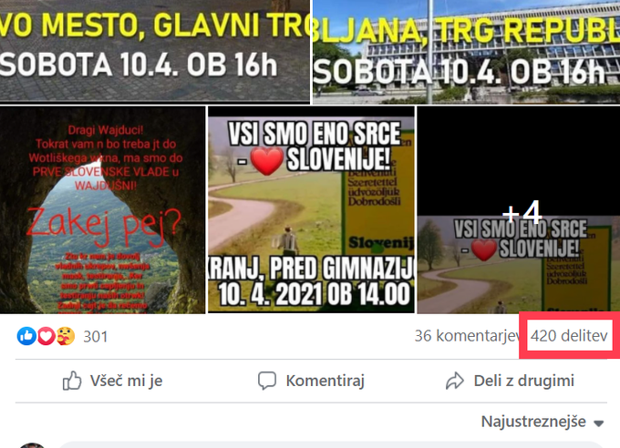 Samo ena od številnih objav s pozivi k sobotnim protestom, ki v zadnjih dneh krožijo po Facebooku, je v manj kot enem dnevu zbrala že več kot 400 delitev. | Foto: Matic Tomšič / Posnetek zaslona