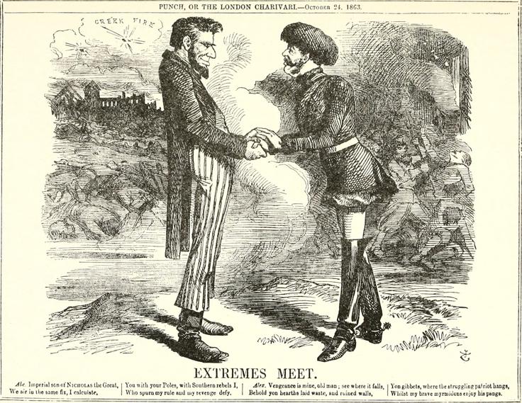 Britanska karikatura iz leta 1863, ki kaže, da naj bi bila Abraham Lincoln in ruski car Aleksander II. politično sorodna in v prijateljskih odnosih. Rusija je v času ameriške državljanske vojne podpirala ZDA. Leta 1863 je v znak podpore poslala ruske bojne ladje na obisk v New York in San Francisco. To so bili časi, ko se je Washington bal, da bi lahko Velika Britanija in Francija podprla Konfederacijo, tj. ameriške zvezne države, ki so se odcepile od ZDA. Če je Lincoln leta 1863 odpravil suženjstvo v ZDA, je car Aleksander II. leta 1861 odpravil tlačanstvo. Pozneje je bilo ameriško javno mnenje zaradi protijudovskih pogromov manj naklonjeno ruskim carjem. | Foto: Wikimedia Commons