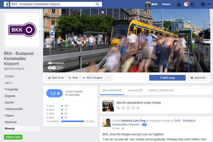 Povprečna ocena storitev mestnega potniškega prometa v Budimpešti je zdaj 1. Za podjetje BKK je bolje, da na Facebooku ustvari nov profil, saj si trenutni od poplave negativnih ocen ne bo opomogel nikoli. | Foto: Matic Tomšič
