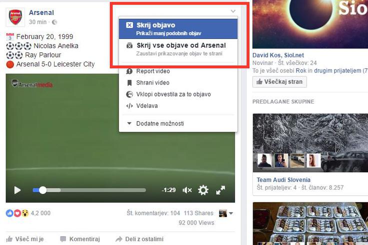 Takole na Facebooku poteka skrivanje objav. Če se odločim, da objave nogometnega kluba Arsenal ne želim videti, mi bo Facebook v prihodnje pokazal manj podobnih objav - manj Arsenala, manj angleške lige, manj nogometa, manj športa. Če uporabnik objave skriva zelo pogosto in pri miru pusti le tiste, ki so mu zares všeč, si bo sčasoma ustvaril pravljično deželo objav, ki jim bo odobravajoče kimal.  | Foto: Matic Tomšič