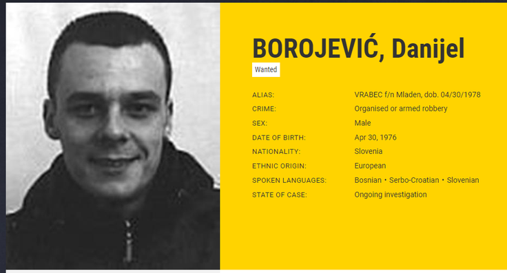 Borojević je iz celjske poslovalnice Krekove banke leta 2002 odnesel kar 125 tisoč evrov. | Foto: Europol