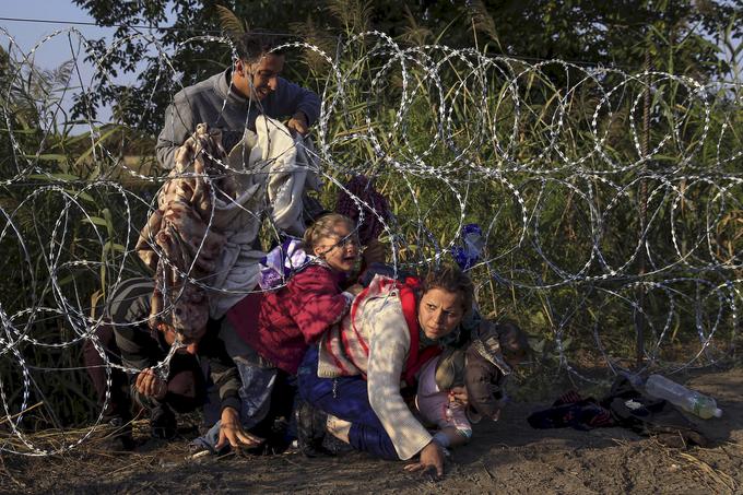 Sirski migranti se plazijo pod žičnato ograjo ob prečkanju meje iz Madžarske v Srbijo blizu kraja Roszke, 27. avgust 2015. | Foto: Reuters