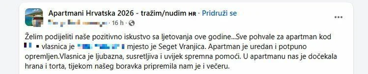 Objava na Facebooku | Foto: FB/Apartmani Hrvatska 2026/posnetek zaslona