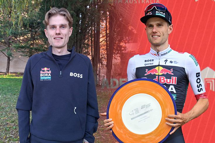 Fischer-Black na medijskem dnevu na Majorki (levo) in na zmagovalnem odru dirke Tour Down Under, kjer je lani osvojil skupno 3. mesto. | Foto: 