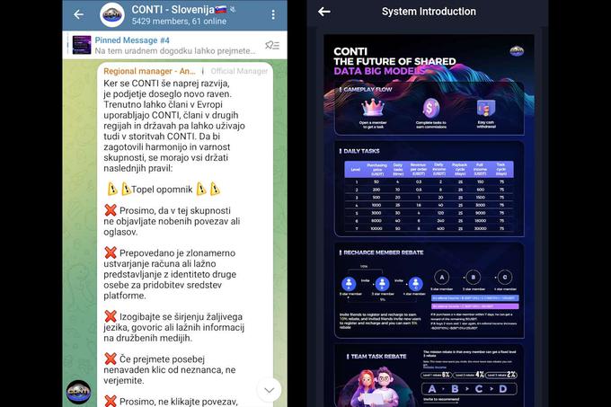Posnetek zaslona skupine Conti Slovenija v aplikaciji Telegram in grafični prikaz, koliko je mogoče zaslužiti z različnimi naložbami v Conti in z rekrutiranjem novih članov.  | Foto: Posnetek  zaslona