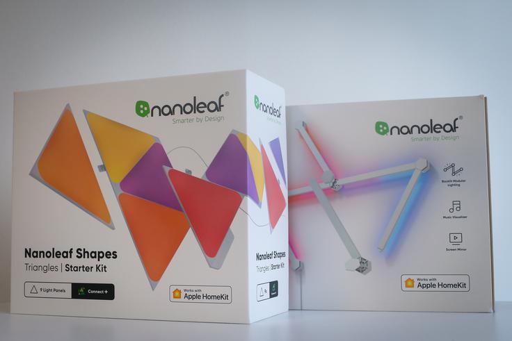 Začetna kompleta pametnih svetil Nanoleaf Shapes in Nanoleaf Lines vsebujeta po devet svetlobnih elementov. | Foto: Gaja Hanuna