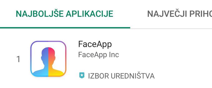 FaceApp je trenutno najbolj priljubljena aplikacija za pametne telefone z operacijskim sistemom Android. Prvo mesto zaseda tudi na seznamu najbolj priljubljenih aplikacij za iPhone.  | Foto: Matic Tomšič